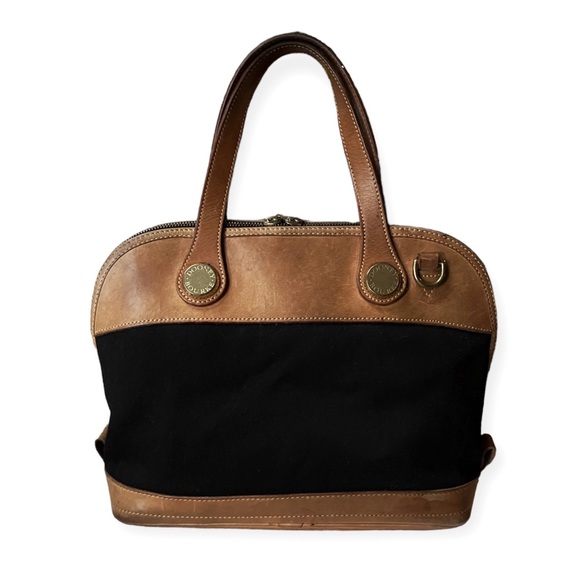Vintage Dooney & Bourke Black Fabric and Natural/Tan Leather Satchel Handbag - Picture 2 of 16